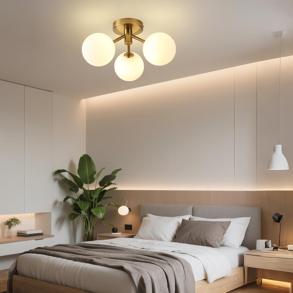Modern Semi Flush Mount Ceiling Light, 3-Light Gold Globe Mid Century Modern Light Fixture with Milk Glass Shade Chandelier for Living Room, Bedroom, Hallway