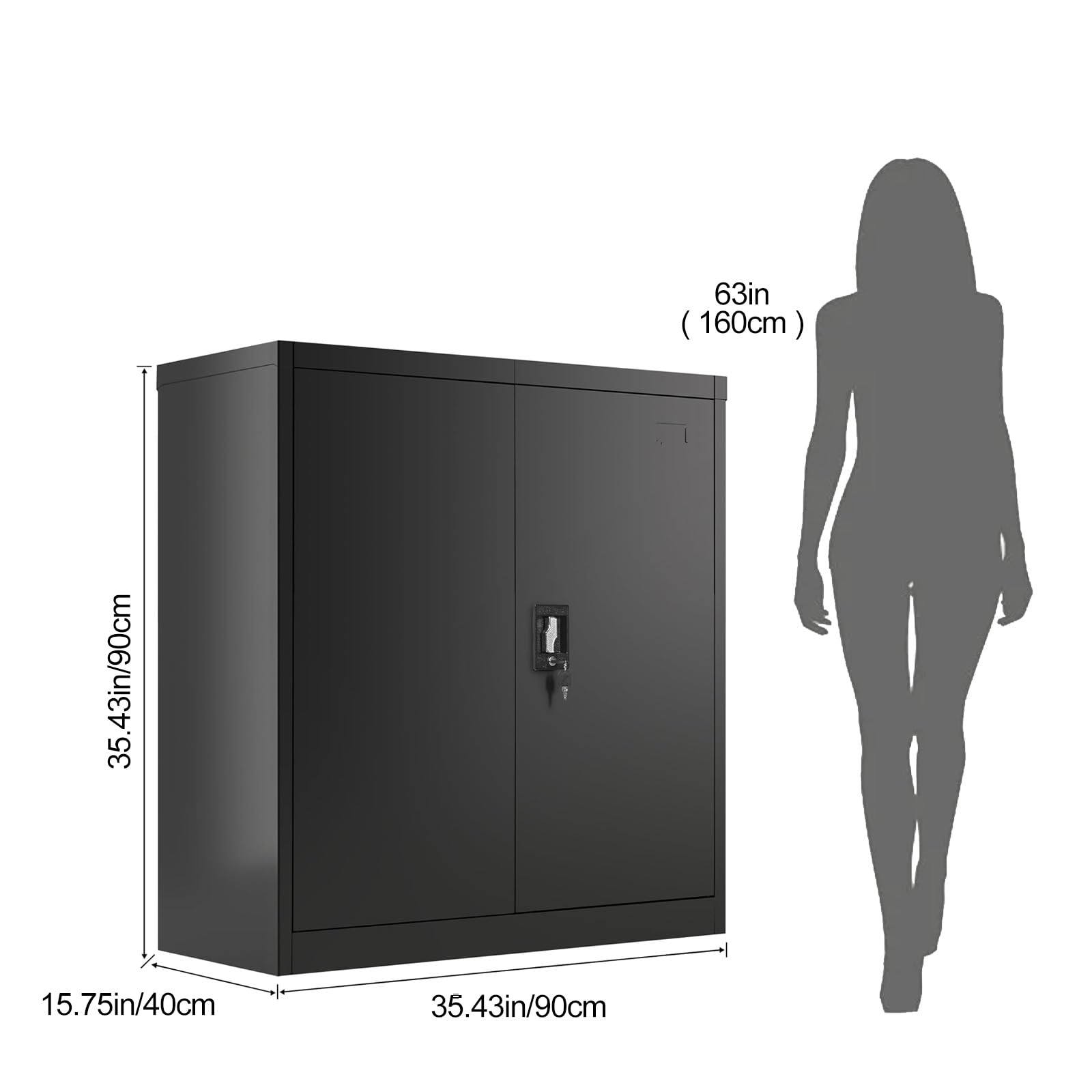 Frideko Aktenschrank 90 x 40 x 90cm - Metallschrank mit 2 Türen und 2 Verstellbaren Einlegeböden, Aufbewahrungsschrank mit Schloss für Zuhause, Büro und Lager, Schwarz