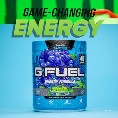 G Fuel Chug Rug Energy Drink Powder, Pre Workout Caffeine Mix for Gaming, Sugar Free Focus Amino, Vitamin + Antioxidants, 10.44oz (Sour Blue Raspberry, 40 Servings)