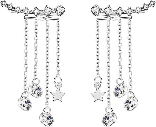 SLUYNZ 925 Sterling Silver 7 Crystals Cuff Earrings Star Dangle Tassel Earrings Chain for Women Girls CZ Drop Crawler Earrings Climber Ear Vines