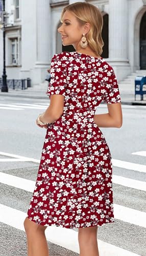 AUSELILY Damen Kurzarm Plissee Loose Swing Freizeitkleid mit knielangen Taschen Rote Blumen S 3