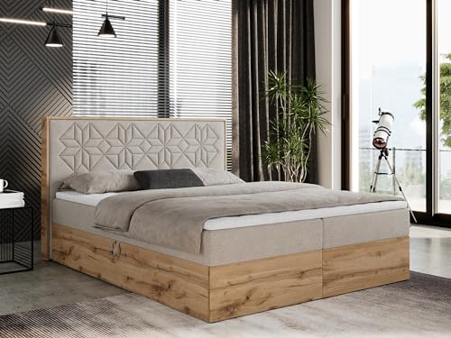 MKS MEBLE Boxspringbett 200x200 cm mit Bettkasten und Kopfteil, Polsterbett mit Matratze H3 und Topper T25, Boxspringbett mit Massivholz - Nessi - Beige Strukture