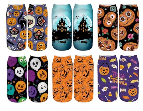 Benefeet Sox Womens Fun Novelty Low Cut Socks Girls Funny Crazy Halloween Patterned Cotton Ankle Socks Cool Cute 3D Printed Pumpkin Candy Sock Halloween Gifts 6 Pack