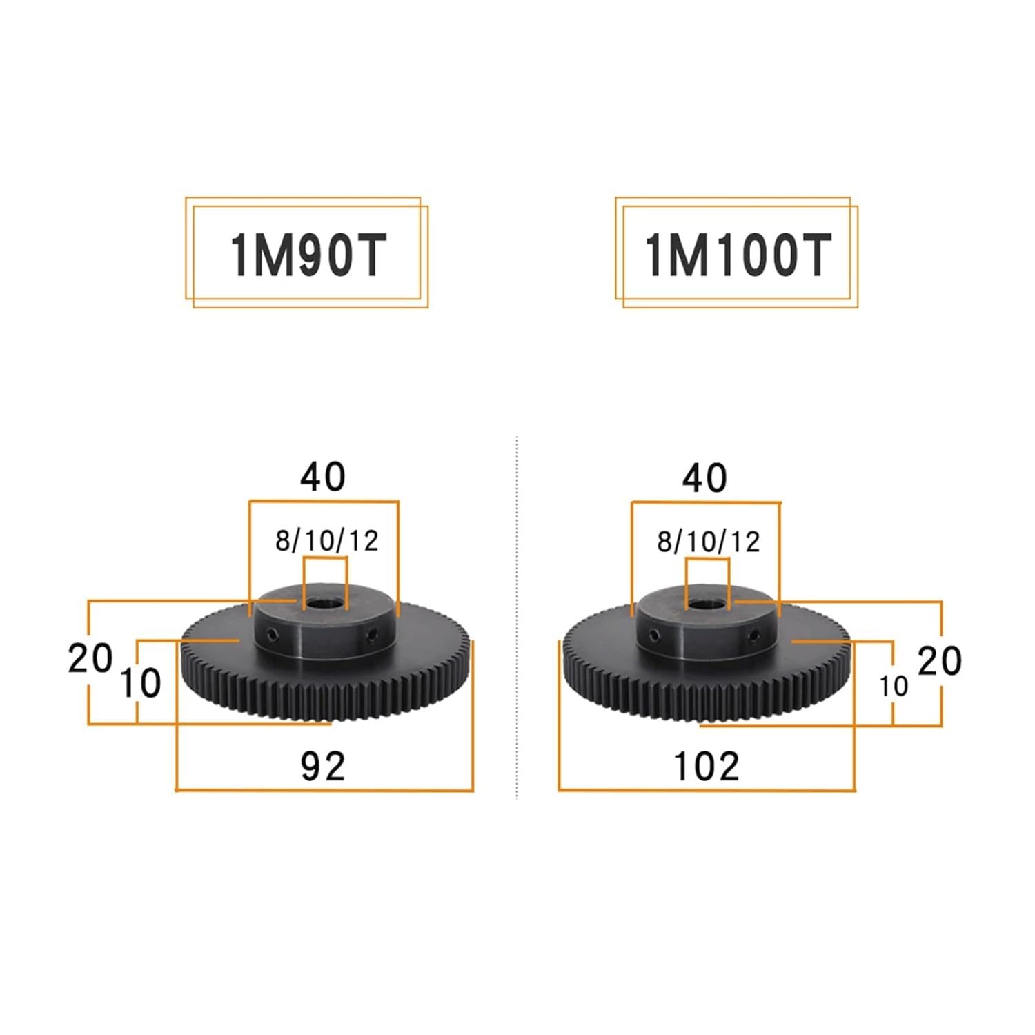 High Precision Motor Spur Gear 1pcs Motor Gear 1M-90T/100Teeth Carbon Steel High Frequency Quenching Teeth Gear Wheel Bore Size 8/10/12mm(8 mm-1M90T)