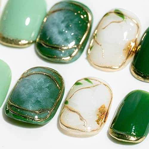 Sun&Beam Nails Handmade Press-on Short Squoval Round Green White Hand-Painted glossy Ombre Design Fashion False Nail Tips 10 Pcs Set (#033 S) - Image 3