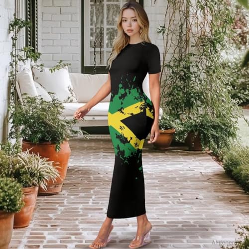 Image of Womens Short Sleeve Jamaican Flag Midi Bodycon Dress | Soft stretchy fabric,crew neck,jamaican print casual date night cocktail party, elegant chic, spring summer fall all season