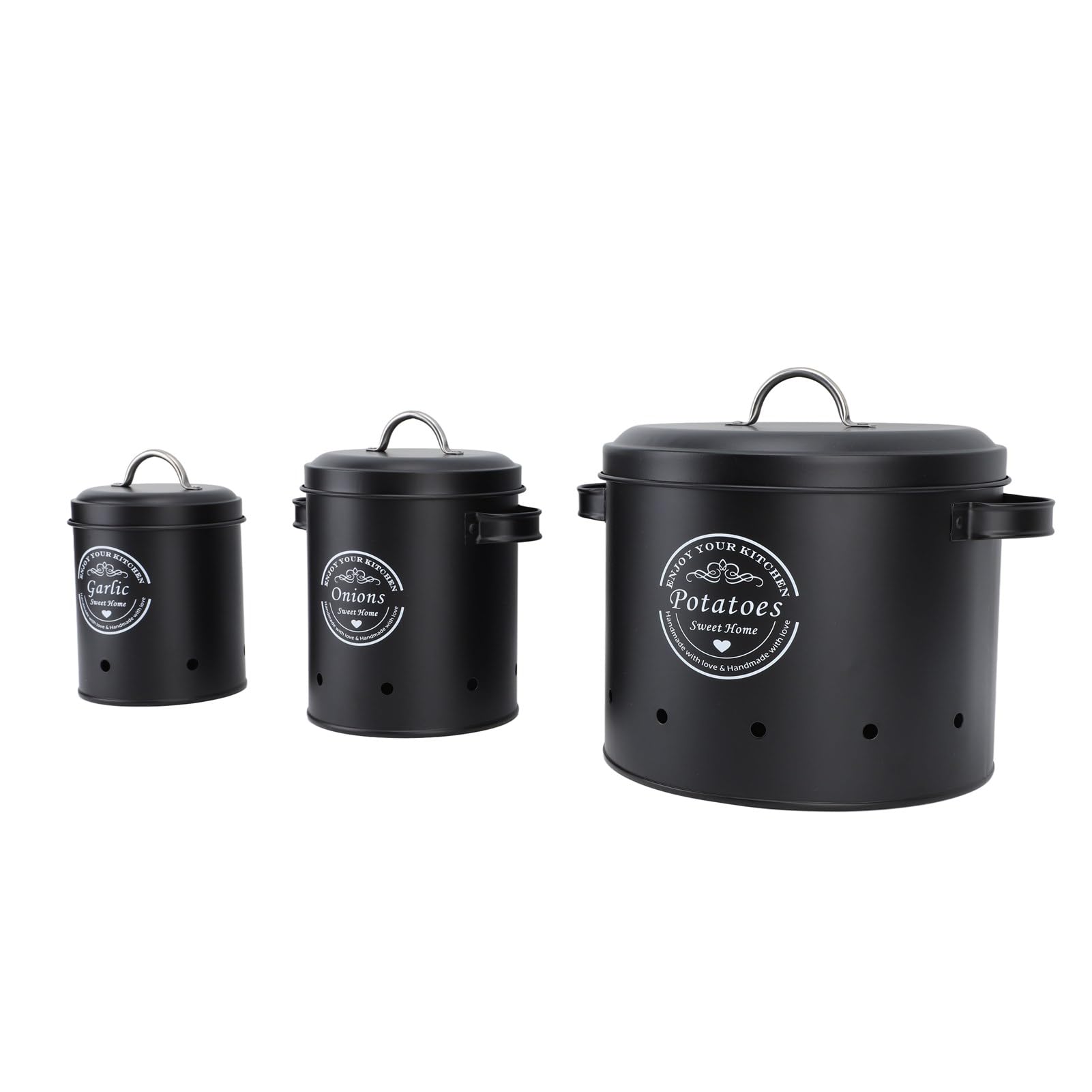 Srliya Kartoffel- und Zwiebel-Vorratsbehälter-Set, Umweltfreundlicher Behälter aus Kohlenstoffstahl mit Versiegeltem Design für die Organisation in der Küche, 3 Kanister, Gläser, (Schwarz)