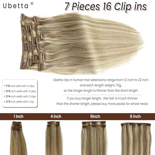 Image of Clip in Hair Extensions Real Human Hair, Ash Blonde Balayage Blonde Highlights Hair Extension Real Human Hair Clip ins 14 Inch 7pcs 70G Double Weft Hair Extensions Human Hair Clip in Extensions
