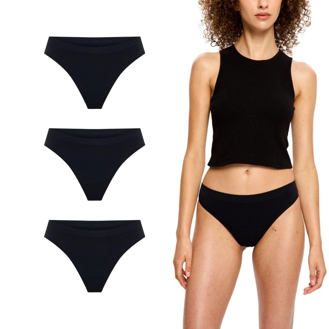 Modibodi Women's Black Period Underwear Seamfree Soft Stretch Thong 3 Pack Light Absorbency 20Ml Leakproof Invisible No Vpl Reusable Period Pants - M/12-14