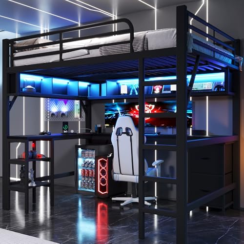 Lcoho Hochbett aus Metall für Gaming (140 x 200 cm) mit Bücherregal, Schreibtisch, Schrank, USB und LED-Beleuchtung,Schwarz