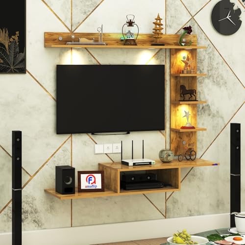 Image of Wintor Engineered Wood Wall Mounted TV Unit with 4 LED Lights, 3 Open Shelves, 1 Storage Box & Decorative Display Shelf for Living Room | Ideal for Upto 43 Inch TV- GiantWood(DIY Assembly)