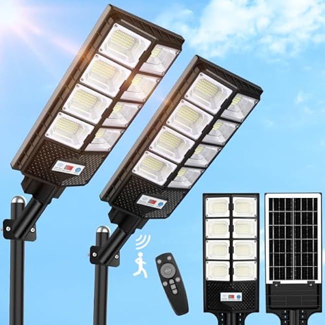 VUAA 2 Pack Solar Street Lights Outdoor Waterproof, 10000LM 448 LEDs Solar Parking Lot Lights Dusk to Dawn,Outdoor Flood Light with Motion Sensor and Remote Control for Area Lighting Yard, 6500K
