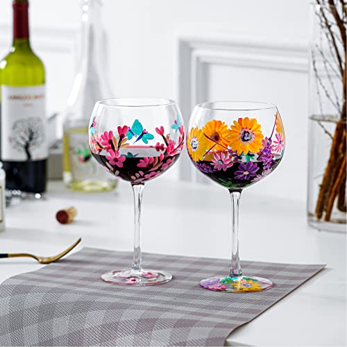Everest Global Hand Painted Wine Glass Red Pink Christmas Stem Flower Glass Goblet 20.47 Oz Fancy Wine Glasses For Parties, Date Nights, Classic Durable Stemware, Gift For Women #TOP6