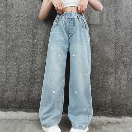 Youth Girls Baggy Jeans Distressed Denim Pants Embroidered Heart Jeans Vintage High Waisted Straight Leg Denim Pants2