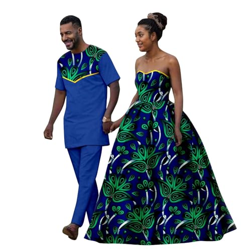 African Coupleswear Matching Women Strapless A Line Dress and Ankara Printed Fabric Men's Short Sleeve Suit(A,Women-Small)