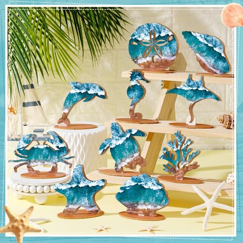 Image of Threehoney 10 Pcs Ocean Wood Table Sign Under The Sea Wooden Beach Table Decor Sea Animal Coastal Beach Centerpiece Nautical Block Summer Decoration for Home Party Supplies(Rustic Style)