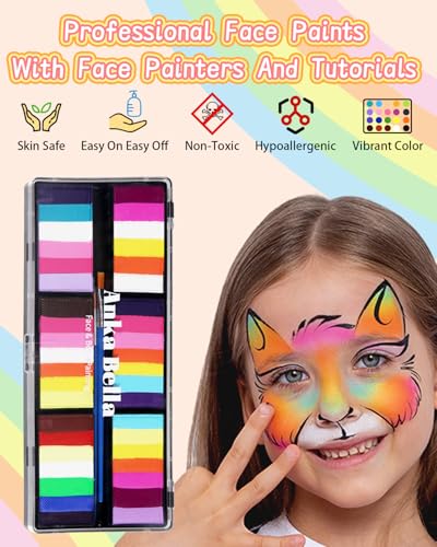 Anka Bella Professional Water Activated 6x30gm Face Paint for Kids & Adults,Washable Non Toxic Rainbow Cake Face Painting Kit with Stencils & Brushes Ideal for Easter/Parties/Halloween/Carnival — view 2