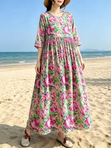 Image of Women Plus Size Casual Dresses Floral Printed O Neck Short Sleeves Summer Oversized Dresses Boho Loose Fitting Wear