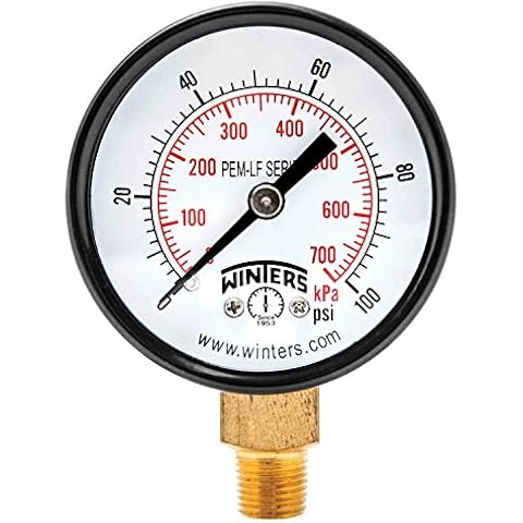 Winters 2 inch Dial Size, Economy Utility Dry Pressure Gauge, Potable Brass Internals, Steel Case, Dual Scale 0-100 psi/kPa, 3-2-3% Accuracy, 1/8 inch NPT Bottom Mount, Drinking Water Pressure Gauge Cover