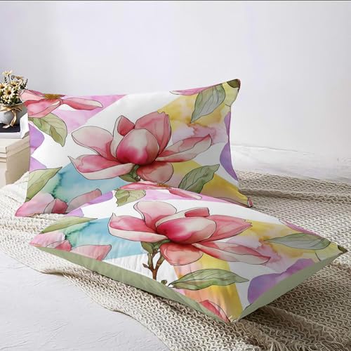 Housse de couette 220x240 cm magnolia aquarelle réversible en microfibre