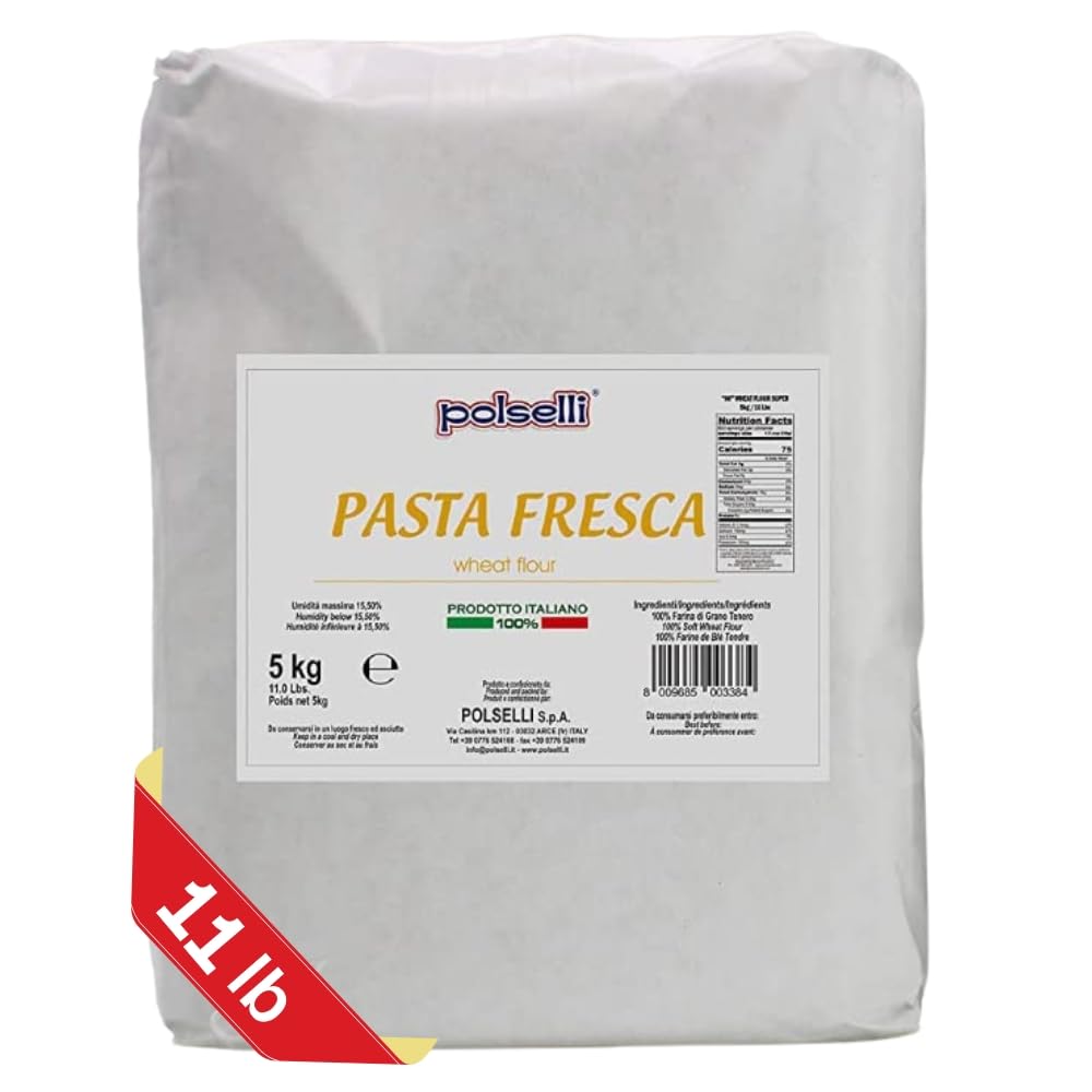 POLSELLI Fresh Pasta Flour, 100% Soft Wheat, 5 kg (11 lbs) Tipo 00, Bread Machine or Handmade Pasta for Bread, Gnocchi, Product of Italy