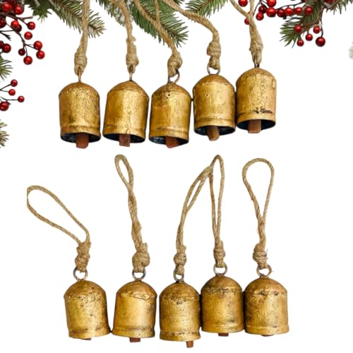 Mie Creations Set of 10 Rustic Vintage Cow Bells, Handmade Christmas Bells on Jute Rope, Decorative Christmas Tree Ornaments, 2.5in Jingle Bells for Crafts, Metal Hanging Wreath Cowbells- Antique Gold