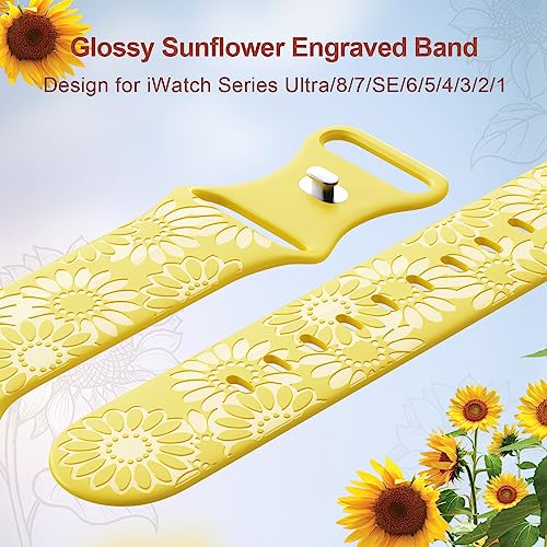 Image of Sunflower Engraved Band Compatible with Apple Watch Bands 38mm 40mm 41mm 42mm 44mm 45mm 49mm Women, Designer Soft Glossy Floral Silicone Strap for iWatch Series Ultra 11 10 9 8 7 6 SE 5 4 3 2 1
