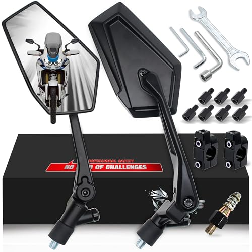 Image of MZS Motorcycle Mirrors for Handlebars, Anti-impact Foldable ATV Mirrors with CNC Mount, Universal 10mm 8mm Motorbike Rear View Side Mirror Black Compatible with Street Dirt Electric Adventure Bike