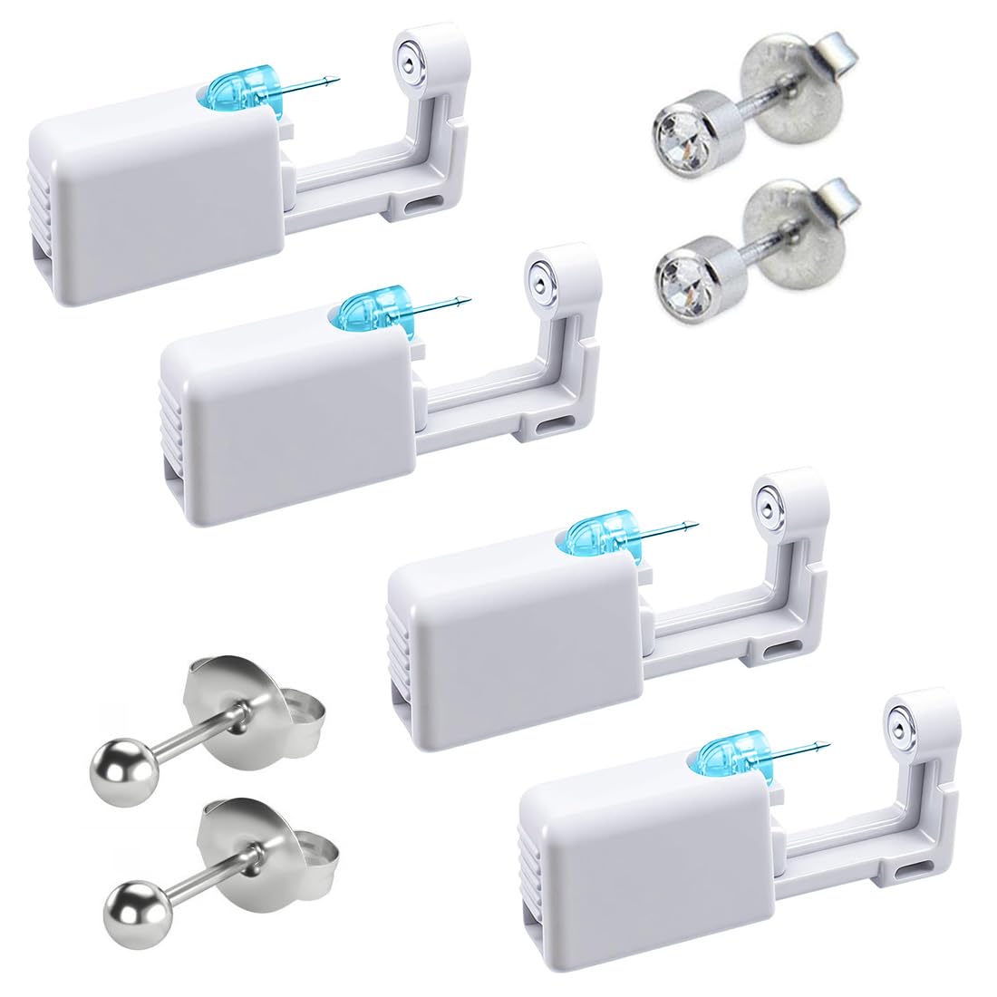 Pistolas para Piercing Oreja Desechables Kit Autoperforante Indolora Estéril con Aretes 4 Piezas