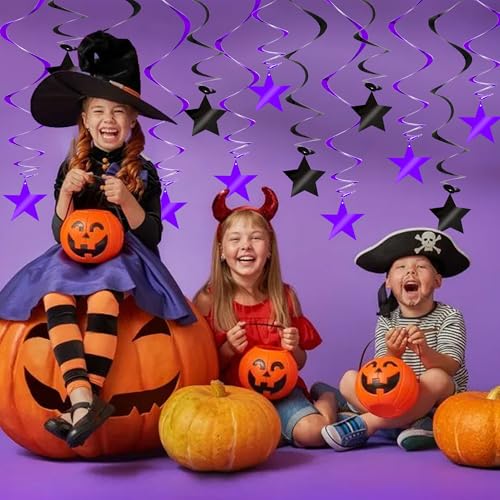 Image of BEISHIDA Black Purple Star Halloween Hanging Swirl Decorations, Halloween Party Supplies for Horror Party Wedding Baby Shower Birthday Decorations,Pack of 15
