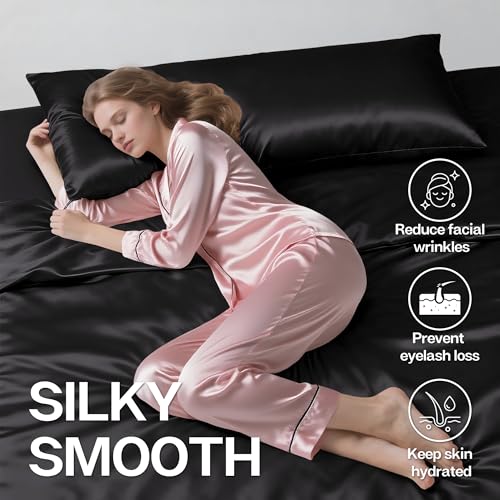 Image of MR&HM Satin Body Pillow Cover, Soft and Breathable Body Pillow Case with Envelope Closure, Cooling and Silky Long Pillowcase for Hair and Skin,Grey (20x54, Black)