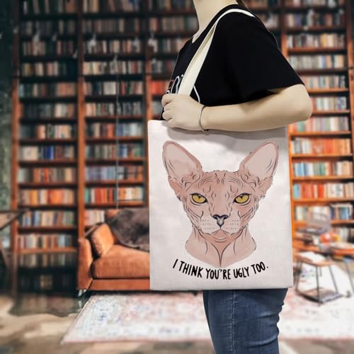 Bolso tote para amantes de los gatos Sphynx, regalo para fans de gatos sin pelo, hecho de lona miniatura 3
