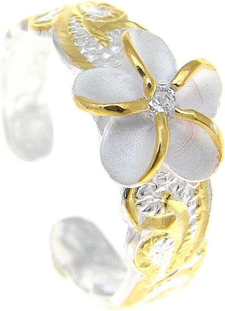 Arthur's Jewelry 925 sterling silver 2 tone yellow gold plated 8mm Hawaiian scroll plumeria flower cz toe ring