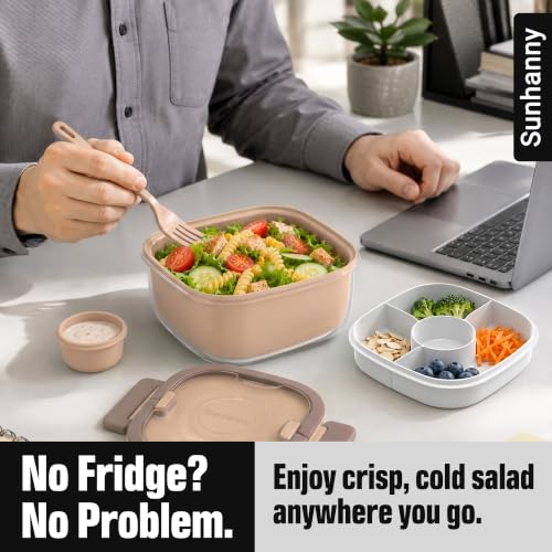 Image of Salad Container with Ice Pack & Handle, 6.8 Cup / 1600ml Large Portable Salad Bowl Lunch Box with Lid, Fork Holder & Sauce Cup, 4-Compartment Removable Tray Meal Prep Bento Box, Brown