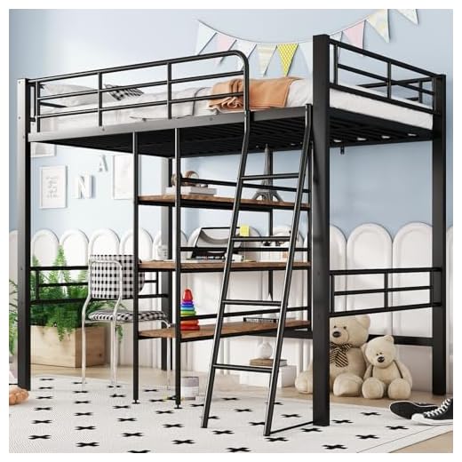 KOMHTOM 90x200cm Multifonctionnel Lit Mezzanine avec Bureau et étagère de Rangement, Lit en Fer avec Barrières de Sécurité et Échelles(sans Matelas) (Noir)