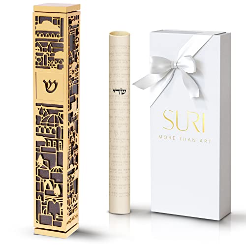 Suri Contemporary Mezuzah For Door - Gold And Gray 5" Mezuzah Case With Jerusalem Design - Includes Mezuzah Adhesive For Easy Installation - Jewish Gift Box & A Non-Kosher Scroll Are Included #TOP4