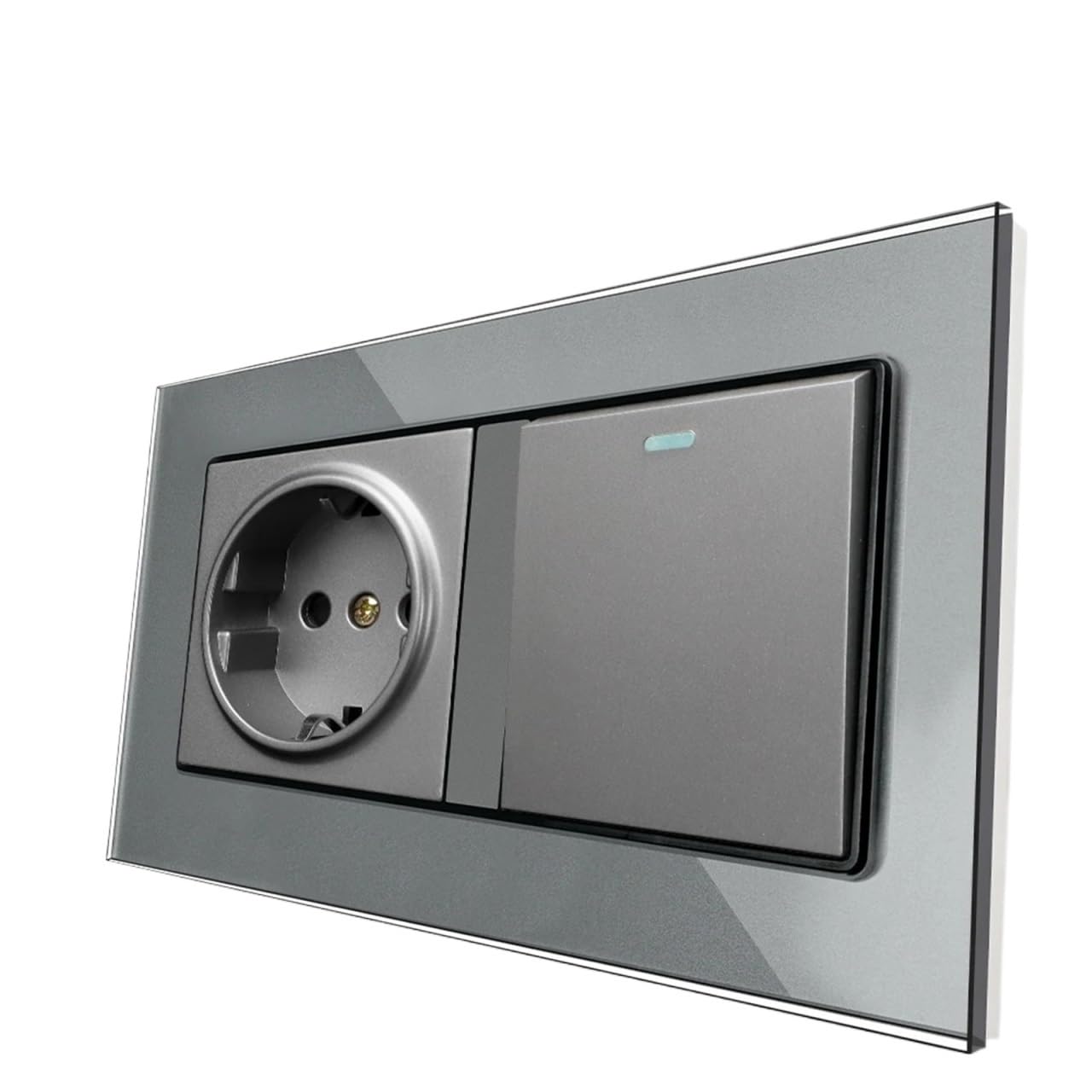 16A Wall Light Switch,1 Gang 2Way / 1Way Push Button on-Off, White Tempered Crystal Glass Panel, EU Standard Power Socket(Gray)