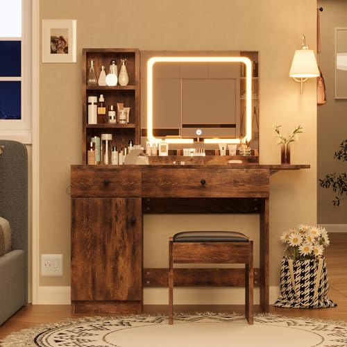 GAOMON Vanity Desk with Mirror and Lights, Makeup Vanity with 2 Drawers & 2 Shelves & One Door, 3 Lighting Modes Adjustable Brightness, Bedroom Dressing Table, Brown
