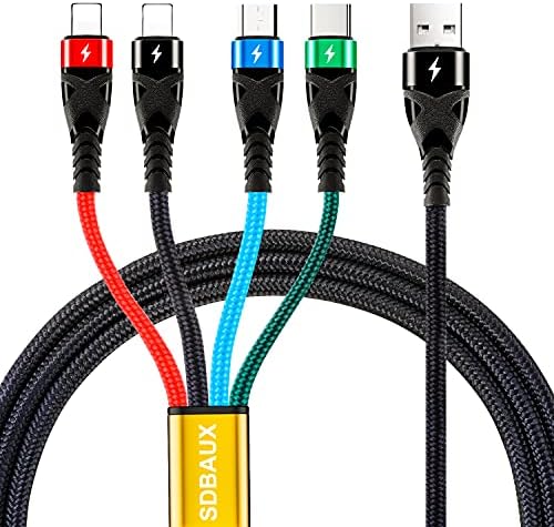 SDBAUX 3A 4 in 1 USB Multi Charger Cable, 1.2M Multi Phone Charger Cables with 2 iP Micro USB Type C Charger Cable Fast Charging for Cell Phone, Samsung, Pxiel, LG, PS5