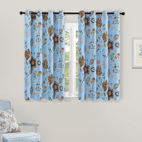 Image of XiDi Light Blue Blackout Floral Patterned Curtains 63 inches Long 2 Panels