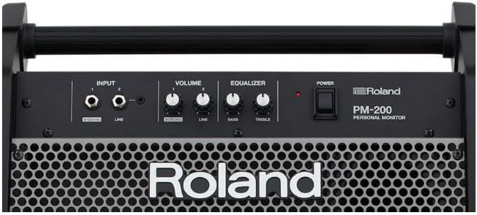 Close-up of the Roland PM-200 control panel with input, volume, equalizer, and power controls