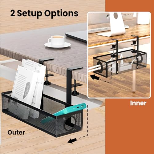 Image of Dyazo Under Desk Cable Management Tray | No-Drill Metal Mesh Rack with Clamp Mount | Wire Organizer Holder for Power Strips & Network Cables | Includes Zip Ties & Cable Clips for Home /Office - Black
