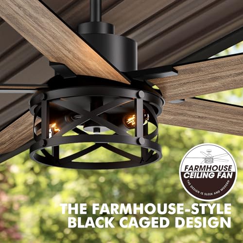 Image of 52 Inch Ceiling Fans with Lights and Remote Control, Low Profile Farmhouse Ceiling Fan for Bedroom Living Room and Patio, Black Caged Ceiling Fan for Indoor and Outdoor(NO BULBS)