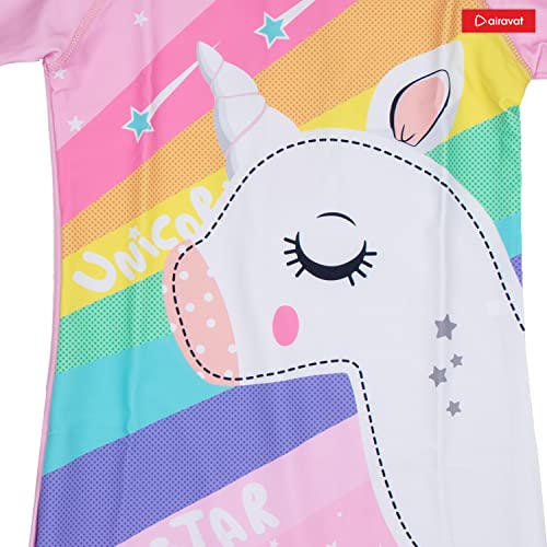 Image of AIRAVAT Girl's Swimsuit Set, Swimming Costume, Swim Costume, 1513 Unicorn Girls Bathing Suit Swimwear, Half Sleeve 1 Piece Swimming Wear for Girls
