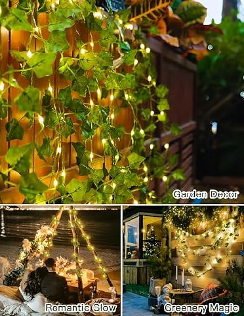 suddus Solar Fairy Lights with Vine, 33ft 100 Led Ivy Solar String Light Outdoor Waterproof, 8 Modes Leaf Lights for Balcony, Yard, Patio, Garden, Fence (Warm White)