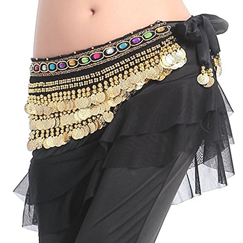 MUNAFIE Belly Dance Coins Belt Hip Skirt Scarf with Gold Coins Black