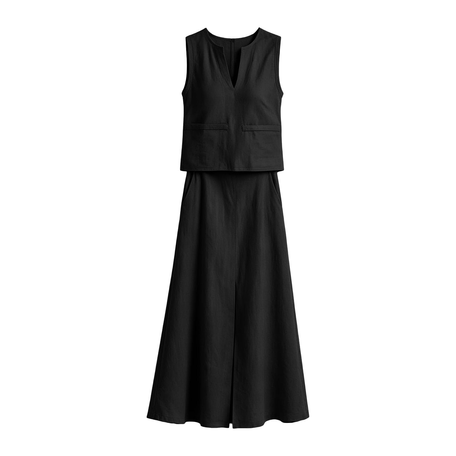 Linen Co Ord - Conjuntos de 2 piezas para mujer, traje de viaje al aeropuerto, cuello en V, chaleco sin mangas y falda larga con bolsillos, trajes de vacaciones de verano