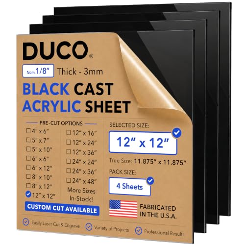 Duco 1/8" Black Cast Acrylic Sheets, 12"x12" Plexiglass Sheets, 4 Pack