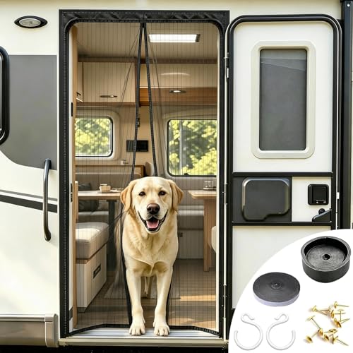 RV Screen Door Mesh with Hooks Magnetic RV Door Mosquito Net Compatible with Forest River Grand Design Keystone Jayco Coachmen Self Closing Bug Screen for Camper Doorway (78.7 x 31.5)