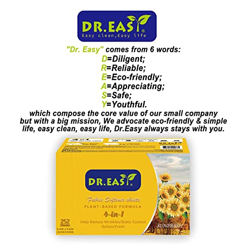 Dr.easy Dryer Sheets Plant Based Formula 252 Ct Fabric Softener Sheets For Laundry Sunfresh Essential Oil Scented No Artificial Fragrances No Dyes Reduce Static & Wrinkles Help Repel Pet Hair #TOP6